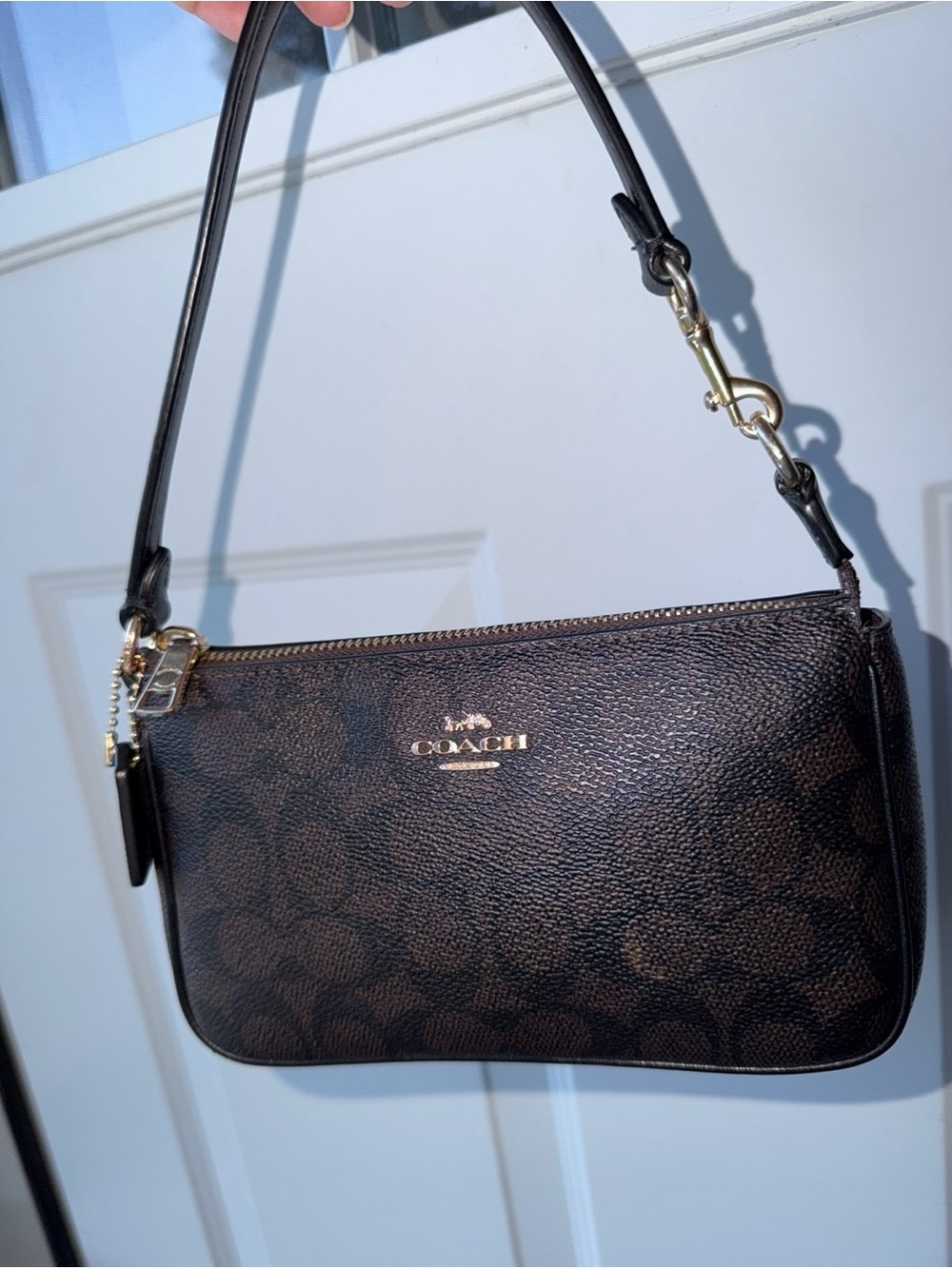 Coach Nolita 19 in Signature Canvas in Gold/Walnut/Black